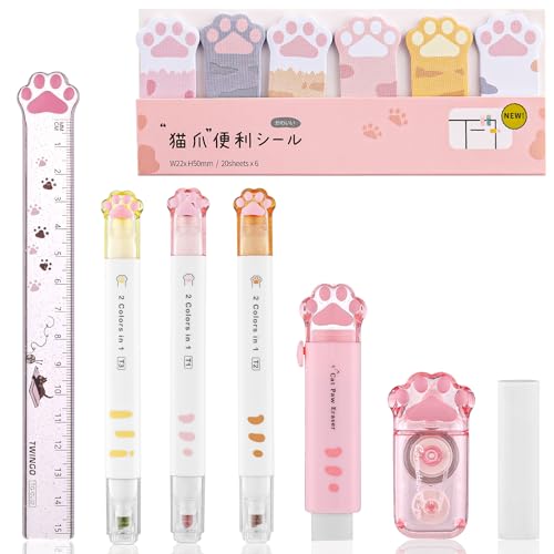 Kogcmeetl 8 Pcs Cute Cat Paw Stationery Set Kawaii School Office Supplies Including Eraser Correction Tape Highlighters Sticky Notes Ruler for Cat Lovers Students (Pink) - Pink