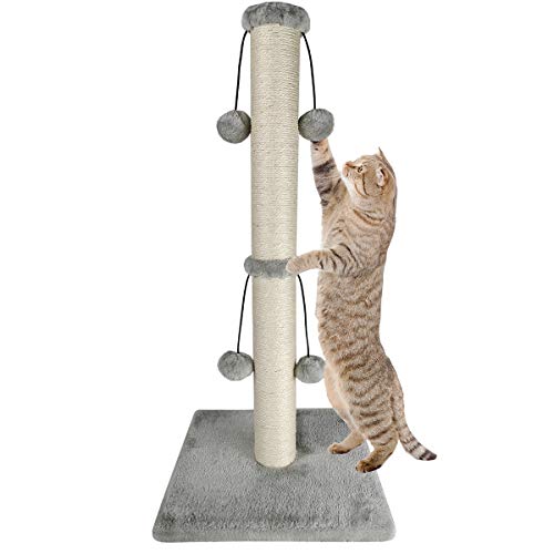 Dimaka 29'' Cat Scratching Post, Natural Sisal Rope Scratcher Post, Kitten Claw Scratch with 4 DanglingToy Balls for Large Cats (Grey) - 29 inches for All Cats - Grey