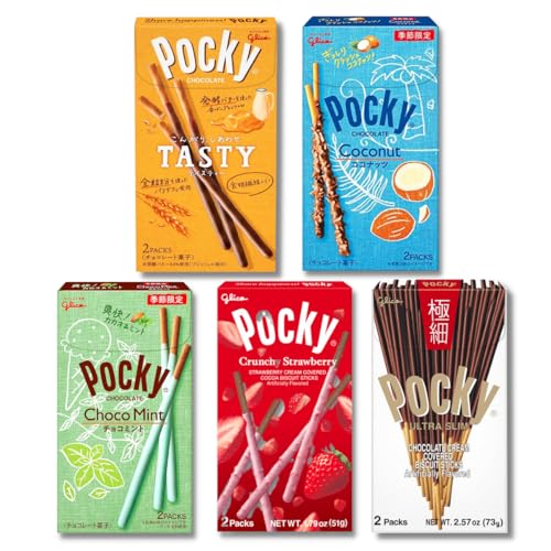 Glico Pocky Sticks (5 Packs/10.57oz) Japanese Snacks Variety Pack of 5 - Crunchy Strawberry, Chocolate Tasty, Ultra Slim, Coconut and Mint/Japanese imported limited edition