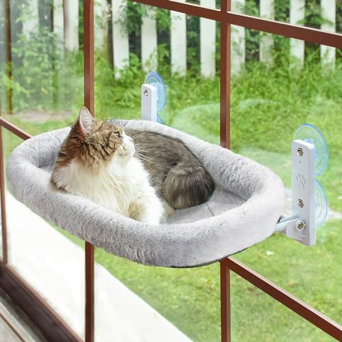AMOSIJOY Cordless Cat Window Perch, Cat Hammock for Wall with 4 Strong Suction Cups, Solid Metal Frame and Two Replaceable Covers, Foldable Cat Beds for Indoor Cats (Large-Cushion Bed-Gray) - Large-Cushion Bed-Gray