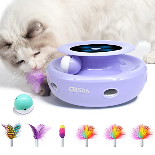 ORSDA Cat Toys, 2-in-1 Interactive Cat Toys for Indoor Cats, Automatic Cat Toy Balls, Mice Toys Ambush Feather Kitten Toys with 7pcs Attachments, Dual Power Supplies, Adjustable Speed, Auto On/Off - Periwinkle