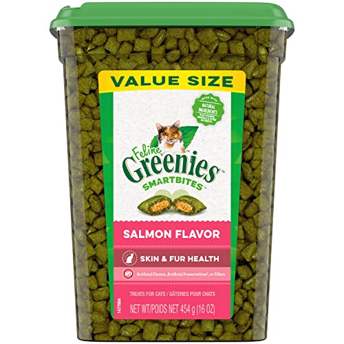 FELINE GREENIES SMARTBITES Skin & Fur Crunchy and Soft Textured Adult Natural Cat Treats, Salmon Flavor, 16 oz. Tub - Salmon - 1 Pound (Pack of 1)