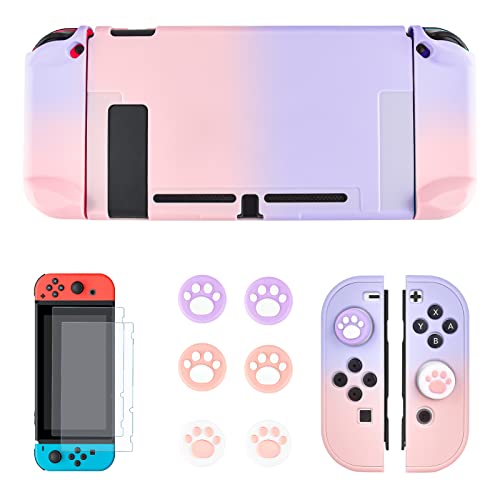 DLseego Protective Case for Switch and Joy Con Controllers Dockable Slim Cover With 2PC Glass Screen Protector and 6 Cute Cats Claw Thumb Grip Caps – Pink and Purple - Pink and Purple