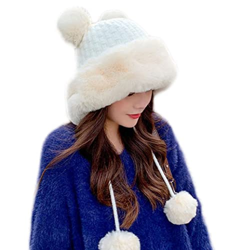 Winter Pompom Beanie Hats for Women Fluffy Knit Womens Beanie Faux Fur Crochet Skull Cap Warm Bucket Outdoor Ear Cover - One Size - White