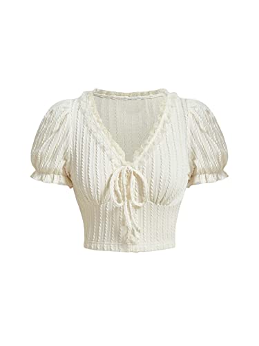 Verdusa Women's Knot Front Lace Trim Puff Sleeve V Neck Crop Tee Shirt Top - Medium - Beige