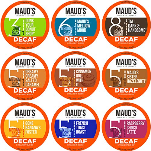 Maud's Decaf Coffee Variety Pack, 80ct. Solar Energy Produced Recyclable Single Serve Swiss Water Processed Decaf Coffee Pods - 100% Arabica Decaffeinated Coffee California Roasted, KCup Compatible - Original Decaf Variety Pack - 80 Count (Pack of 1)