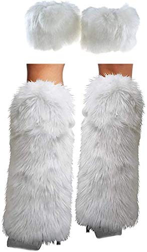 Gupiar Women's Fur Leg Warmers Sexy Furry Fuzzy Leg Warmers Soft Boot Cuffs Cover, 40CM - White Set