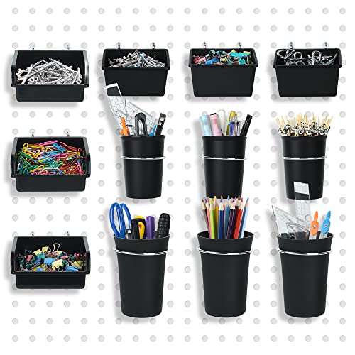 DEMEDO Pegboard Bins PegBoard Cups with Hooks & Loops 12 Pack Set, Peg Board Organizer Accessories, Pegboard Tools Organizer for Craft Room Garage Office Workbench, Black - bins/cups black - 12Pcs