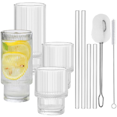 ALINK Ribbed Drinking Glasses with Glass Straws 4pcs Set, Stackable Vintage Fluted Glass Cups, Ridged Glassware, Iced Coffee Glasses for Cocktail, Beer, Water - 2 Cleaning Brush (11 oz. /7 oz.) - 12OZ / 7 OZ