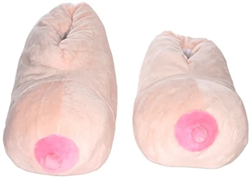 Deluxe Comfort Booby Bedroom Slippers, X-Large - Fun Unique Gag Gift - Perfect For College Life - The Breast Slippers Around - Mens Slippers, Natural - 9