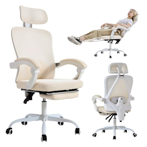 kimupa Ergonomic Office Chair, Adjustable Lumbar Support, 400LBS Capacity, White Computer Chair with Retractable Footrest, Breathable Mesh Back Gaming Chair Adjustable Headrest - Cream White With Footrest