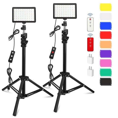 2 Pack 70 LED Video Light with Tripod Stand/Color Filters/Remote Control/USB Wall Charger, Obeamiu 5600K USB Studio Shooting Kit for Photography Lighting, Game Streaming, Conference Zoom Calls