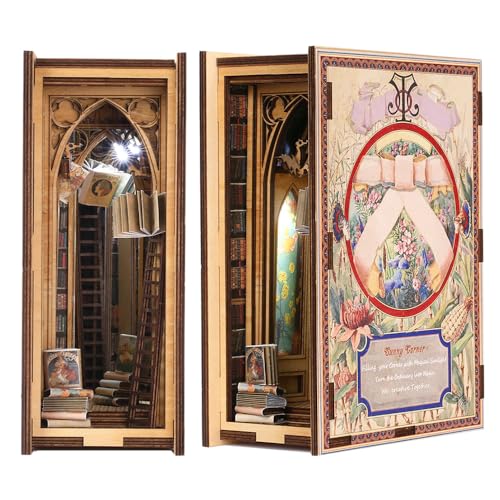 CUTEBEE DIY Book Nook Kit Bookshelf Insert Bookend Stand Bookcase Book Stand Booknook Miniature House Kit with Sensor Light 3D Wooden Puzzle Model Building Kit (Elves Library)