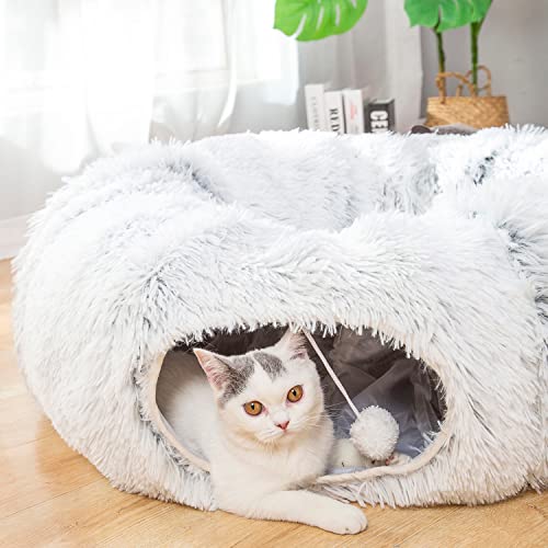 LUCKITTY Warm Fluffy Plush Cat Dog Tunnel Bed with Washable Cushion-Big Tube Playground Toys 3 FT Diameter Longer Crinkle Collapsible 3 Way, for Indoor Cat Kitty Kitten Puppy Rabbit Ferret White - Tunnel Bed - White