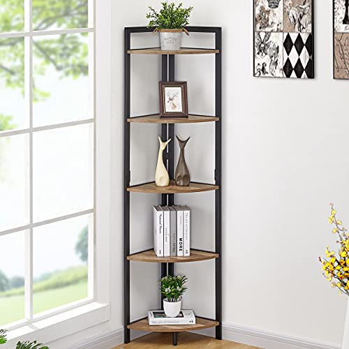 FATORRI Industrial Corner Shelf, 5 Tier Tall Corner Bookshelf, Wood and Metal Corner Bookcase (Rustic Oak)… - Rustic Oak