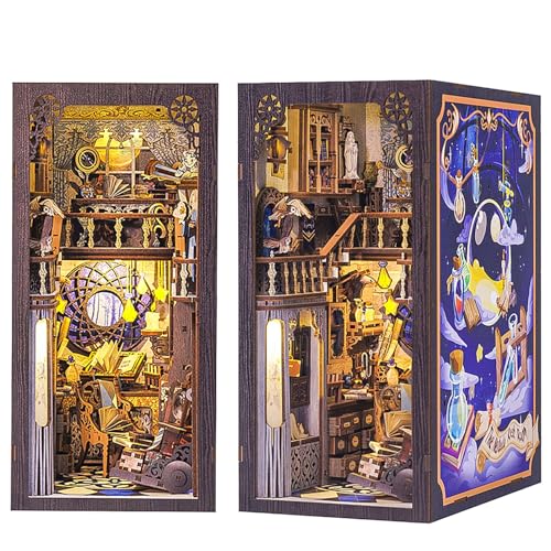 CUTEBEE DIY Book Nook Kit with Dust Cover, DIY Dollhouse Booknook Bookshelf Insert Decor Alley, Bookends Model Build-Creativity Kit with LED Light(Nebula Common Room)