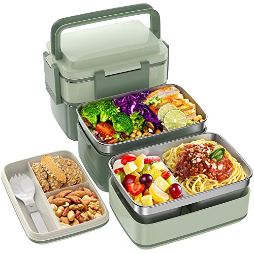 JSCARES Stainless Steel Bento Box Adult Lunch Box, 3 Stackable Bento Lunch Containers, Portable Modern Style Adult Bento Box, Leakproof 51OZ Bento Lunch Box for Kids and Adults (Green) - Green