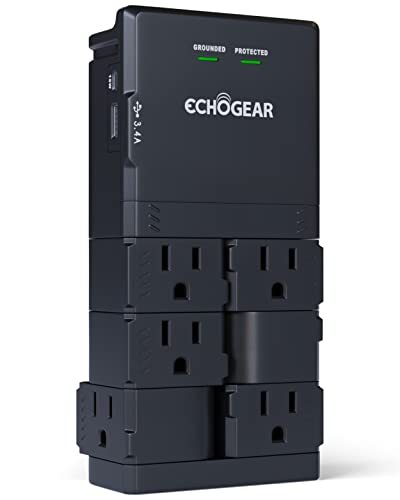 ECHOGEAR Wall Outlet with Surge Protection - Power & Protect 8 Devices with 6 Rotating AC Plugs & 2 USB Ports - Includes 1x USB-C Port & 1x USB-A Port - Black - Black With USB-C & USB-A
