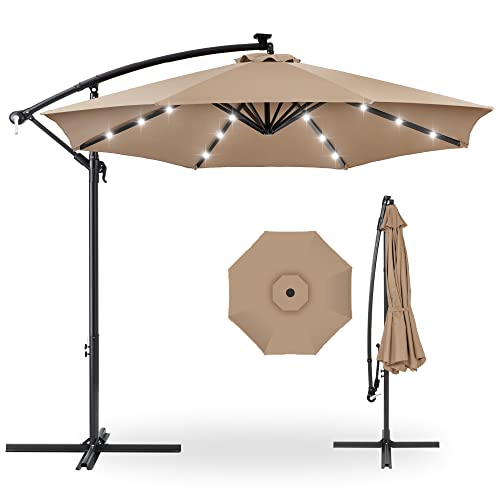 Best Choice Products 10ft Solar LED Offset Hanging Market Patio Umbrella for Backyard, Poolside, Lawn and Garden w/Easy Tilt Adjustment, Polyester Shade, 8 Ribs - Tan - Tan
