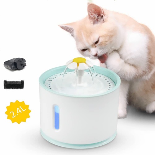 GOWEDNG Cat Water Fountain 80oz /2.4L Ultra Silent Cat Fountain with LED Night Vision Waterfall Flower Style Fountain, 3 Modes Drinking Fountain, with Carbon Filter and Power Adapter
