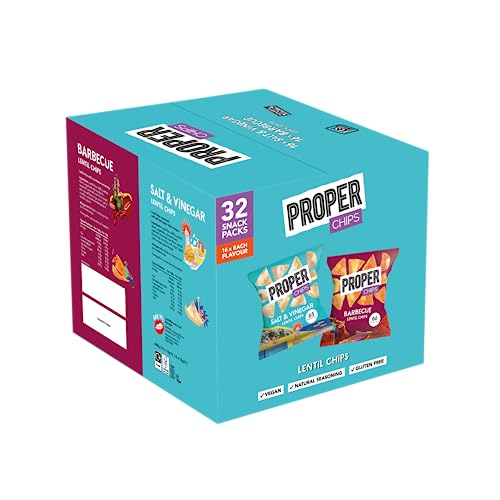 PROPERCHIPS - Multipack Box, Barbecue and Salt & Vinegar Lentil Chips, Vegan, Gluten Free Snacks, 14g, 32 Packs, (16 bags of each flavour)