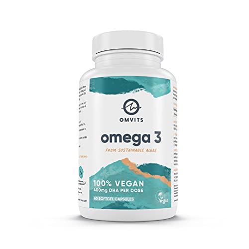 Omvits Vegan Omega 3 DHA from Algae Oil 1000mg - 60 Softgel Capsules with Vitamin E - Sustainable Algal Alternative to Fish Oil - Vegetarian Essential Fatty Acids - Supports Heart, Brain & Eyes - 60 count (Pack of 1)