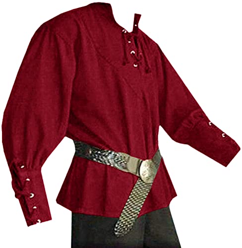 Mens Medieval Lace Up Pirate Mercenary Scottish Wide Cuff Shirt Costume Renaissance Viking Top - Medium - 01 Red