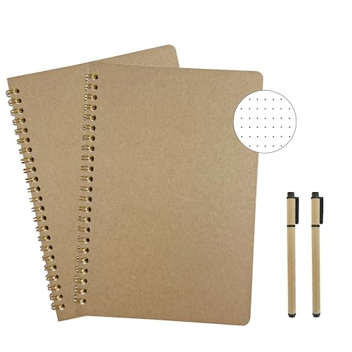 AOU 2-Pack Spiral Dotted Notebooks, A5 Journals With 100gsm Thick Dot Grid Paper, Aesthetic Bullet Dotted Journals with 200 Pages&2 Gel Pens For School&Office Supplies, 8.3"x5.7" (Brown) - 2