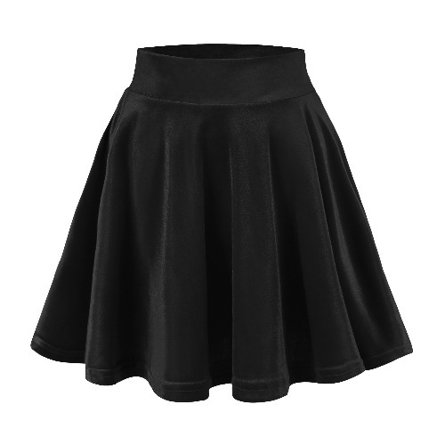 EXCHIC Women's Velvet Basic Versatile Stretchy Flared High Waist Mini Skater Skirt - Large - Velvet Black