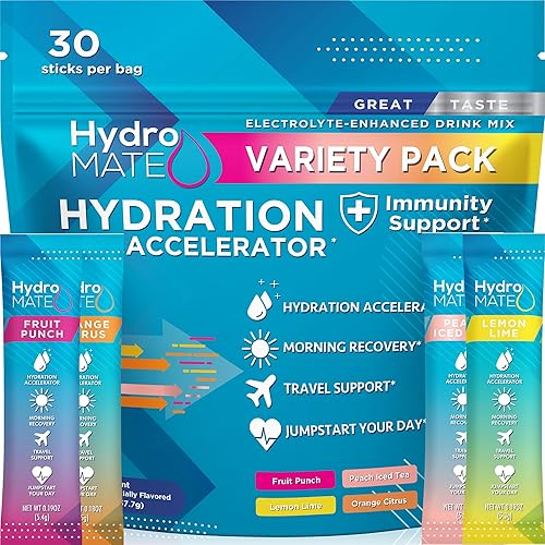 HydroMATE Electrolytes Powder Drink Mix Packets Hydration Accelerator Low Sugar Rapid Party Recovery Plus Vitamin C Variety Pack 30 Count - 30 Servings (Pack of 1)