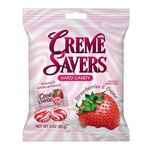 Creme Savers Strawberries and Creme Hard Candy | The Taste of Fresh Strawberries Swirled in Rich Cream | The Original Classic Creme Savers Brought To You By Iconic Candy | 3oz Bag (12 Count) - Strawberries and Creme - 3 Ounce (Pack of 12)