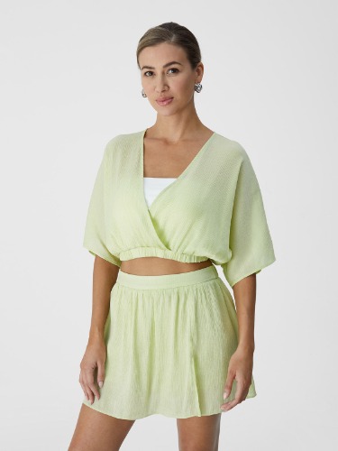 Silk-Like Pull Over Kimono Crop Top & Split Mini Skort-2Pcs Set - Liveable Green / M