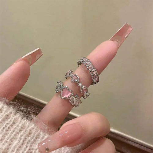 Cute 3pcs Pink Heart Zircon Open Adjustable Rings - Pink