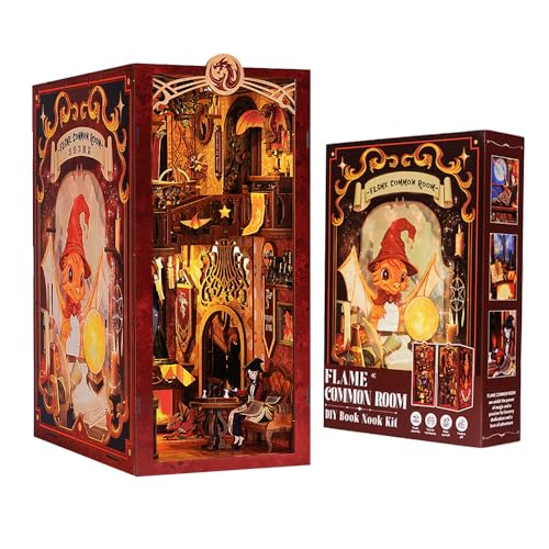 CUTEBEE Book Nook Kit mit Staubschutzhülle–DIY Puppenhäuser Miniatur Haus Kit mit LED-Licht,Booknook Häuser Modellbausätze für Erwachsene zum Bauen(Flame Common Room) - C Flame Common Room