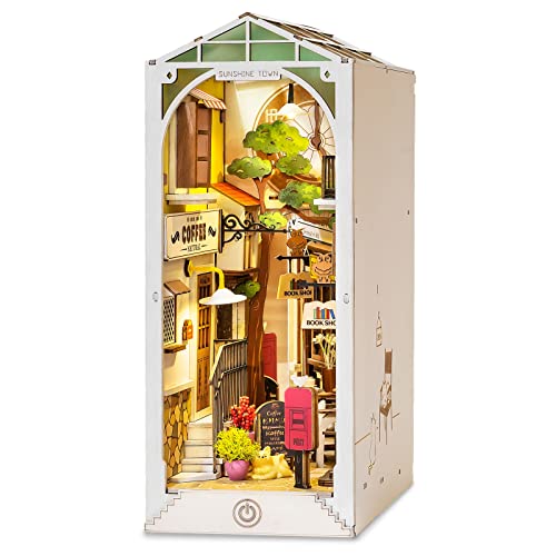 ROBOTIME DIY Book Nook Kit, Wand Hängen Miniature House, Puzzle Haus Modell Bausätze mit LED-Leuchten, Bücherregal Dekor Geschenk zum Muttertag(Sunshine Town) - Stadt der Sonne
