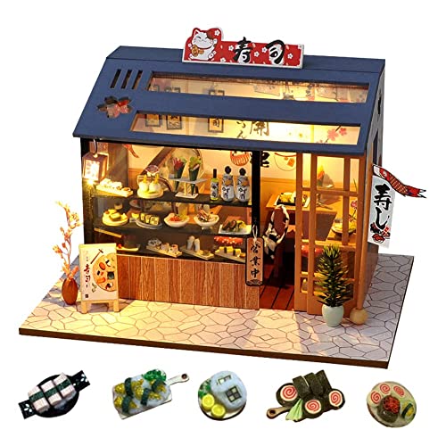 Japanischer Stil Essen und Play Shop Serise Puppenhaus Miniatur mit Möbel DIY Holz Puppenhaus Kit Kreative Zimmer mit LED-Licht (Sakura Sushi) - Sakura Sushi