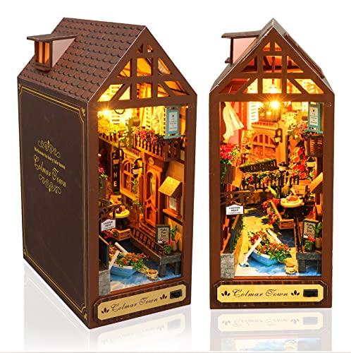 Book Nook, DIY 3D Puzzle, LED Puppenhäuser Bücherecke Bücherregal Insert Dekor, Firefly Forest Buch Stand Miniatur Haus Kit, Geschenk für Erwachsene Kinder (Märchenstadt) - Märchenstadt