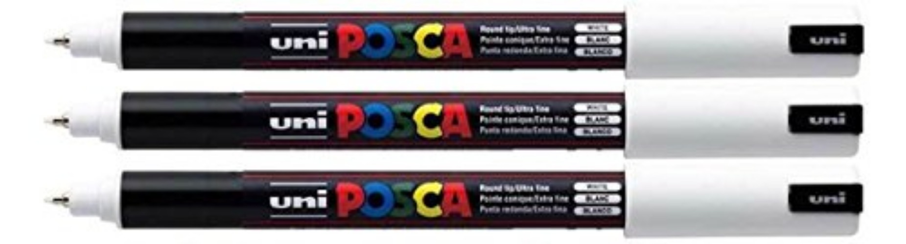 PC-1MR Uni Posca White Paint Marker Pens Ultra Fine 0.7mm Calibre Nib Tip Writes On Any Surface Fabric Glass Stone Metal Wood Plastic (Pack of 3)