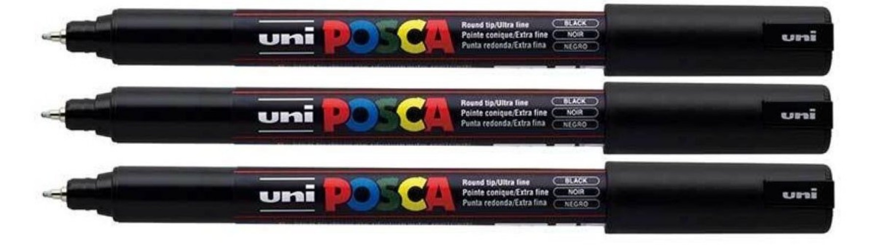 Uni Posca PC-1MR Black Colour Paint Marker Pens Ultra Fine 0.7mm Calibre Tip Nib Writes On Any Surface Glass Metal Wood Plastic Fabric (Pack of 3) - Pack Of 3