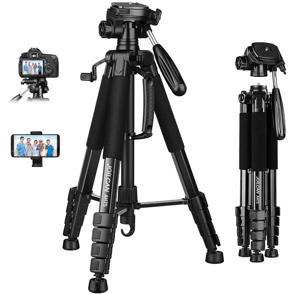 JOILCAN Kamera Stativ, 187cm Aluminium Leichte Dreibeinstativ für Canon Nikon DSLR mit Abnehmbar 3-Wege-Kopf, Tragbares Smartphone Stativ Fotostativ Tragfähigkeit 5KG mit Telefonhalter und Reisetasche - 74inch Schwarz