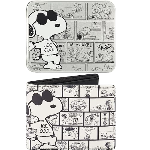 Concept One Peanuts Wallet, Snoopy Joe Cool Slim Bifold Wallet with Decorative Tin Case for Men and Women, Multicolor