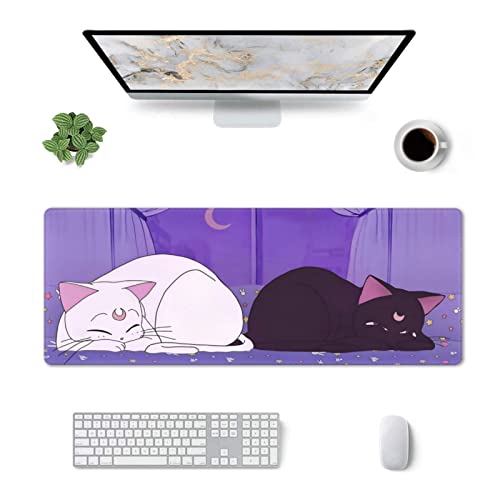Anime Kawaii Gaming Mouse Pad Cute Cat Large Desk Mat XL Lavender Purple Extended Mousepad Gaming Desktop Mat Laptop Keyboard Mouse Mat Desk Pad 31.5x11.8in Non-Slip Rubber Base with Stitched Edges
