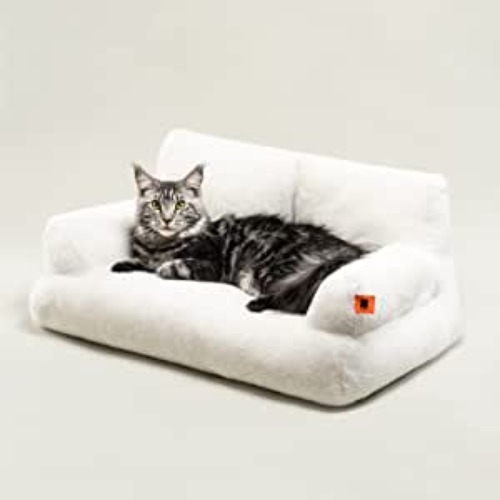 Pet Couch Bed, Washable Cat Beds for Medium Small Dogs & Cats, Durable Dog Beds with Non-Slip Bottom, Fluffy Cat Couch (White) - White