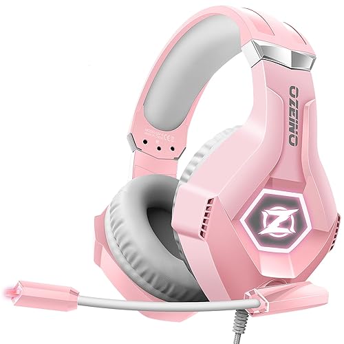 Ozeino Gaming Headset for PC, Ps4, Ps5, Xbox Headset with 7.1 Surround Sound, Gaming Headphones with Noise Cancelling Mic RGB Light Over Ear Headphones for Xbox Series X/S, Switch-Pink - Pink