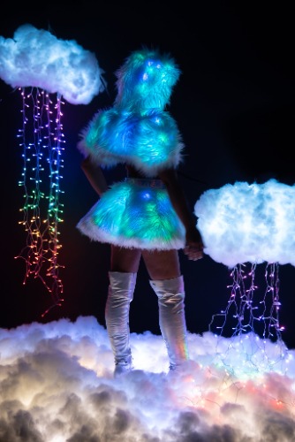Rave FR150 White Fur/Blue & Green Lights Hooded Light-Up Shrug - J Valentine - L/XL / Blue/Green