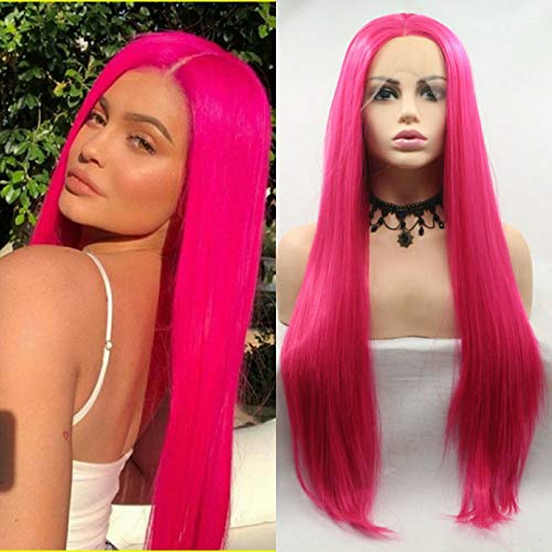 Xiweiya Long Straight Wig 13x3 Lace Rose Red Wigs Synthetic Lace Front Wigs Hair Long Soft Rose Pink Wig Hair Replacement Wig for Women, Drag Queen Makeup 24 inch - hot pink