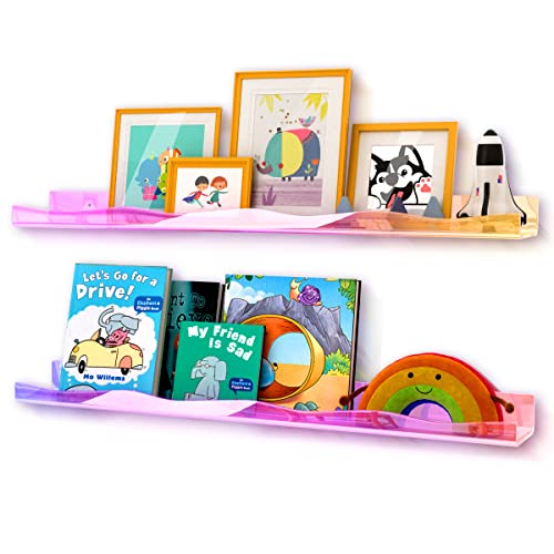 YMVV 35.4 Inches Iridescent Clear Acrylic Books Shelves for Kids Rooms, Floating Shelf Wall Display Bookshelf, Modern Thickened Storage Ledge Shelves Toy Display Organizer Decor 2 Pack - A-iridescent - 35.4 IN