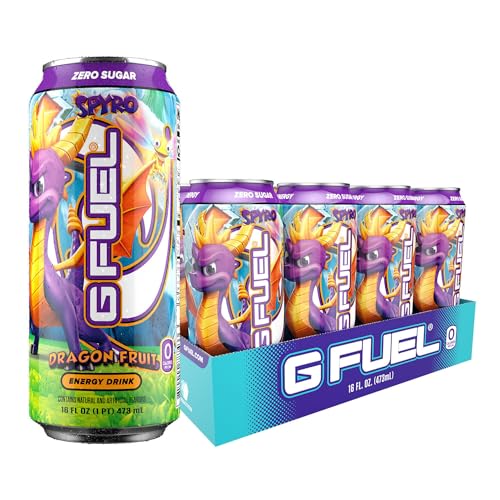 G Fuel Spyro the Dragon Energy Drink, Sugar Free, Healthy Drinks, Zero Calorie, 140 mg Caffeine per Carbonated Can, Dragon Fruit Flavor, Focus Amino, Vitamin + Antioxidants Blend - 12 Pack - Dragonfruit - 16 Fl Oz (Pack of 12)