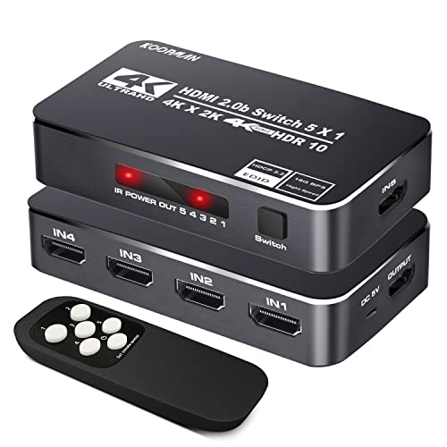4K HDR HDMI Switch, Koopman 5 Ports 4K 60Hz HDMI 2.0 Switcher Selector with IR Remote, Supports Ultra HD Dolby Vision, High Speed (Max to 18.5Gbps), HDR10, HDCP 2.2 & 3D