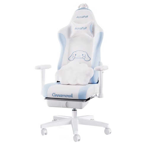 AutoFull Cinnamoroll Gaming Chair High Back Ergonomic Office Desk Computer Chair with Lumbar Support, Racing Style PU Leather Task Chair with Footrest, White & Blue
